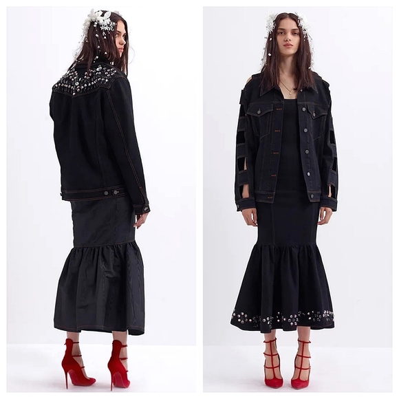 Alessandra Rich Black Denim Maxi Crystal Embellished Embroidered Luxury - Picture 1 of 14
